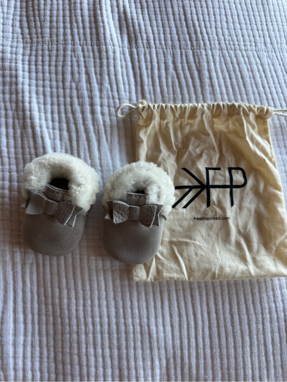 Freshly Picked Gray Leather Baby Moccasins with Shearling Cuff and Bow